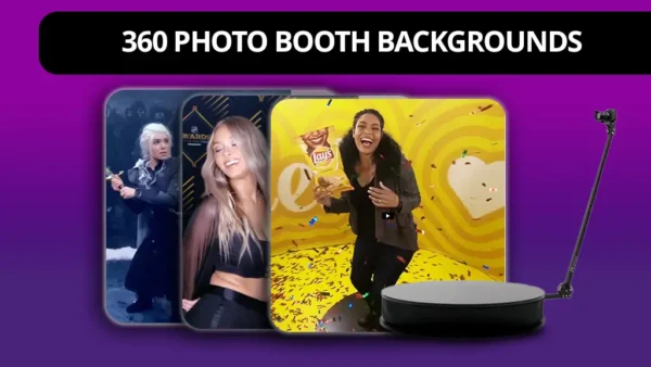 A banner that says 360 photo booth backgrounds with various 360 photo booth backgrounds below it