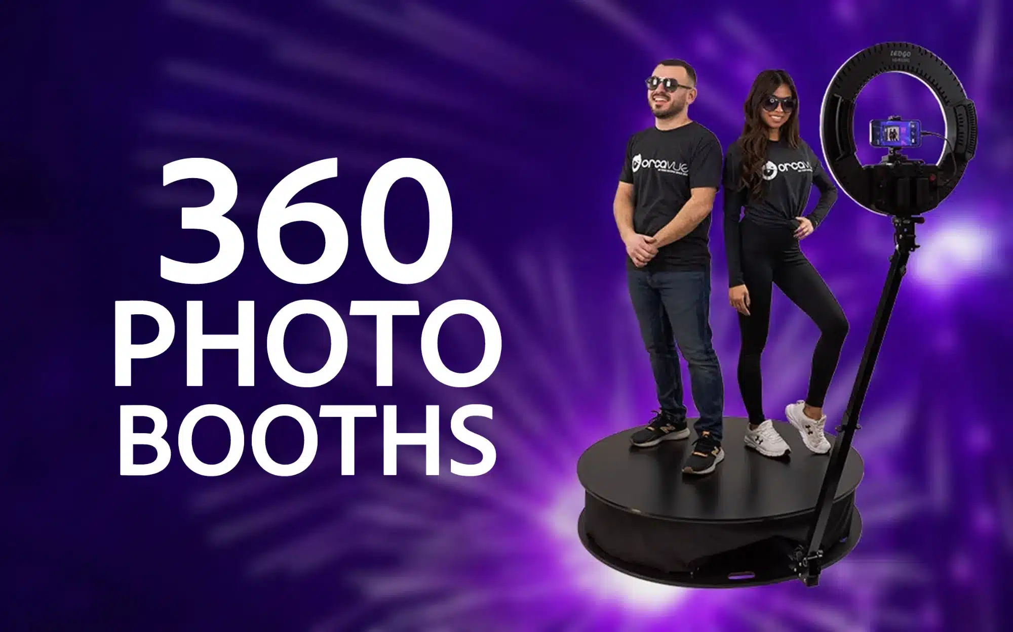 OrcaVue 360 photo booth with man and woman models and #60 Photo Booths overlay