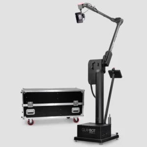 OrcaVue Glambot robotic camera arm standing beside its road case, tall view
