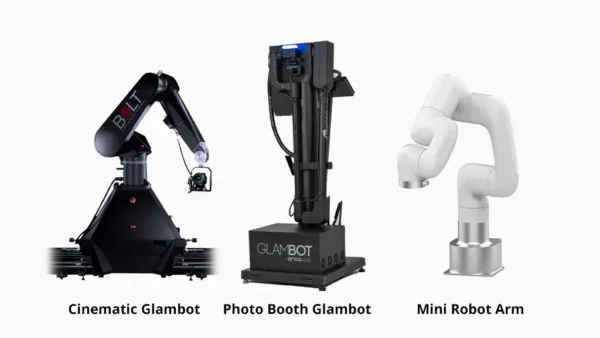A Cinematic Glambot, a Photo Booth Glambot, and a mini-robot arm against a white background