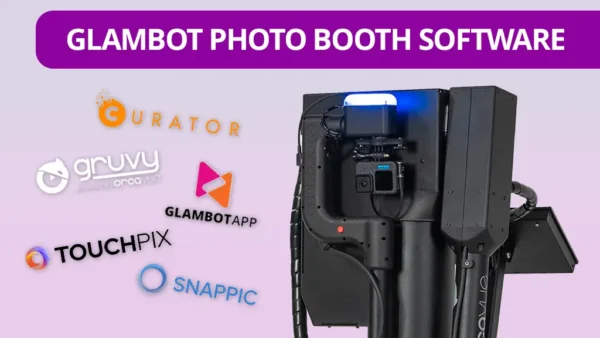 Banner that says "Glambot Photo Booth Software" with an image of an OrcaVue Glambot below it and different software logos