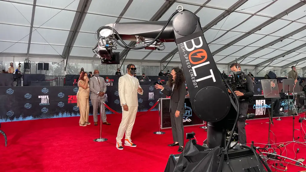 What are glambots used for? Red carpet events! NFL draft member getting a glambot video taken on the red carpet.