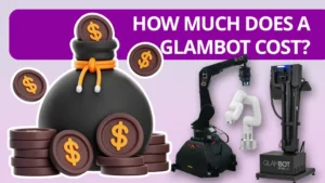 Money bags sitting next to various glambots with a banner that says how much does a Glambot Cost?