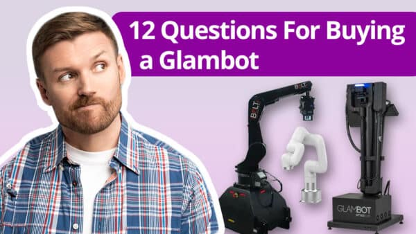 A title that reads 12 questions for buying a glambot and a man thinking about which glambot to buy