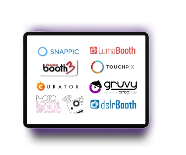 iPad featuring the logos of the various 360 Photo Booth Software providers that can be used with OrcaVue hardware