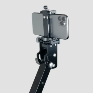 Phone mount on the top of an OrcaVue 360 photo booth arm holding an iPhone