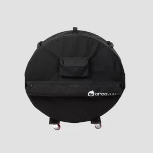 Black OrcaVue canvas cover on an Air 360 photo booth with its dolly, seen from the front