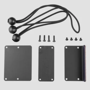 Tablet stand kit parts for the OrcaVue Glambot road case: three mounting plates, eight screws and three ball bungee cords