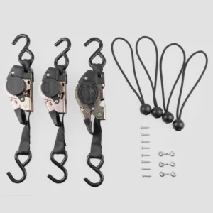 Pallet Tie Down Kit for the OrcaVue Glambot: three retractable ratchet straps with S hooks, four ball bungees, eight screws and three eye bolts