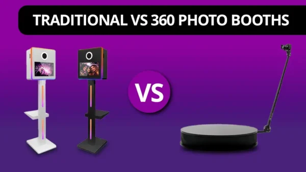 Banner that says "360 Photo Booths vs. Photo Booths" with images of traditional photo booths and a 360 photo booth below it