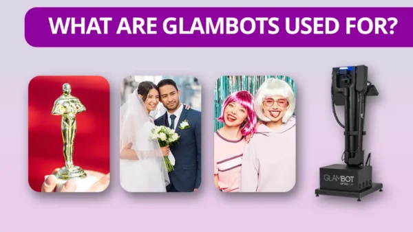 Banner with the text What Are Glambots Used For with images of award shows, weddings, and photo booth events next to a Glambot