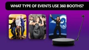 Banner that says what type of events use 360 photo booths with images from various events and a 360 photo booth beneath it