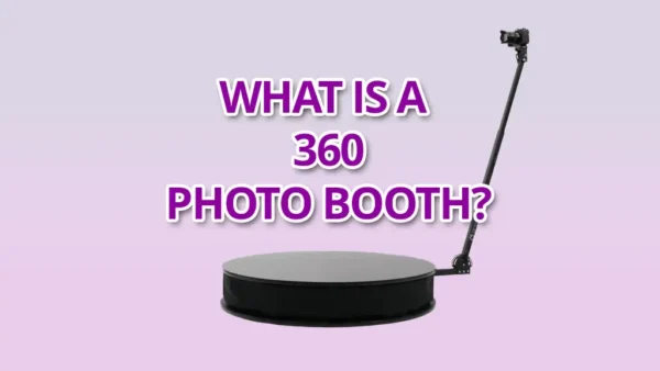 What is a 360 Photo Booth text over an OrcaVue XL image against a pink background