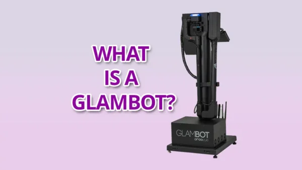 What is a Glambot text next to an image of a Glambot against a pink background.