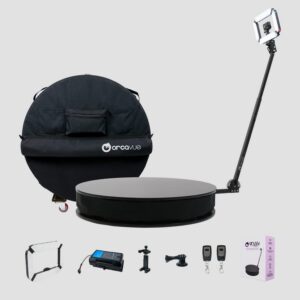 OrcaVue Air Essentials bundle: 360 photo booth with rectangular light and canvas cover, and its accessories below