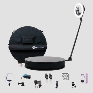 OrcaVue Air Pro bundle: 360 photo booth with ring light and canvas cover, and its accessories below
