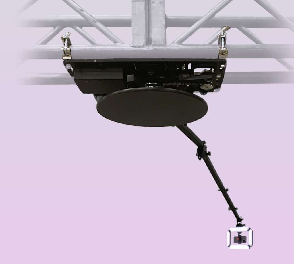 OrcaVue Overhead 360 photo booth hanging from a truss, with its camera arm