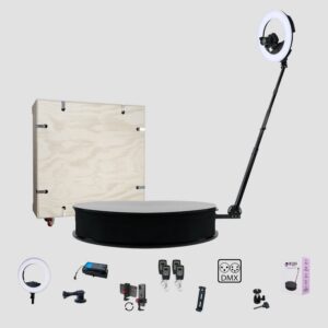 OrcaVue XL Pro bundle: 360 photo booth with ring light and shipping crate, and its accessories below